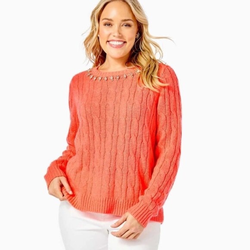 Lilly Pulitzer Dario Embellished Cable‎ Knit Sweater XL coral pink rhinestones